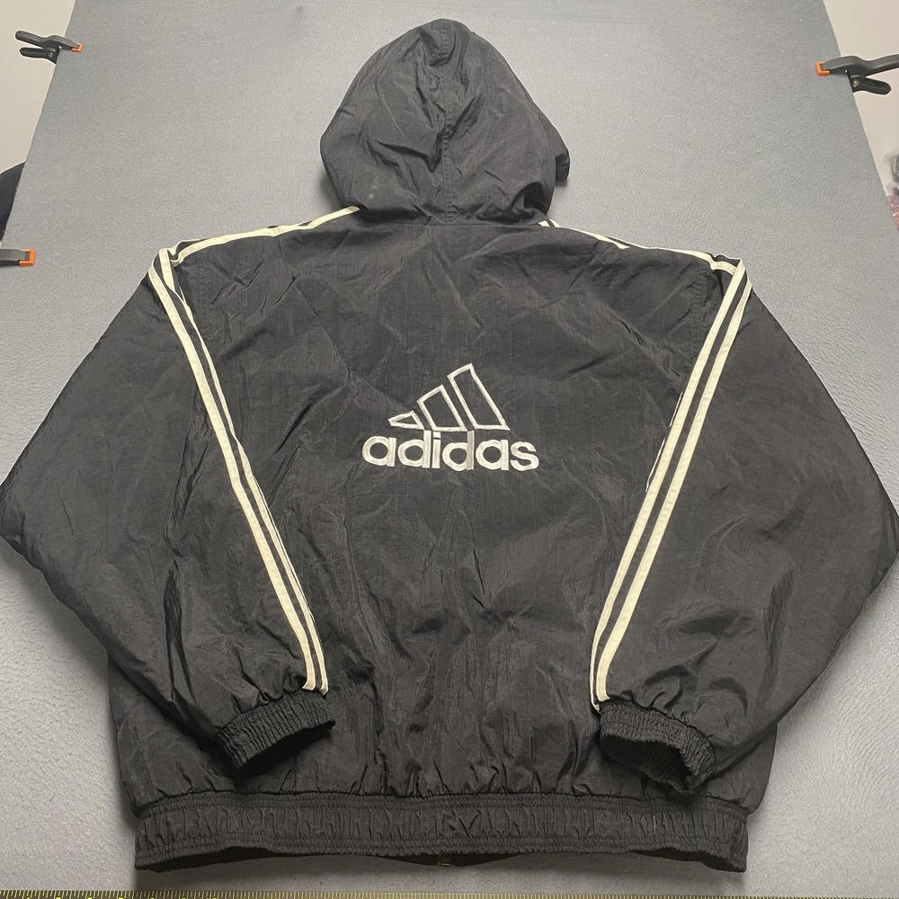 VTG Adidas Jacket Mens XL Black Hooded Full Zip Insulated 3 Stripe Team 90s‎